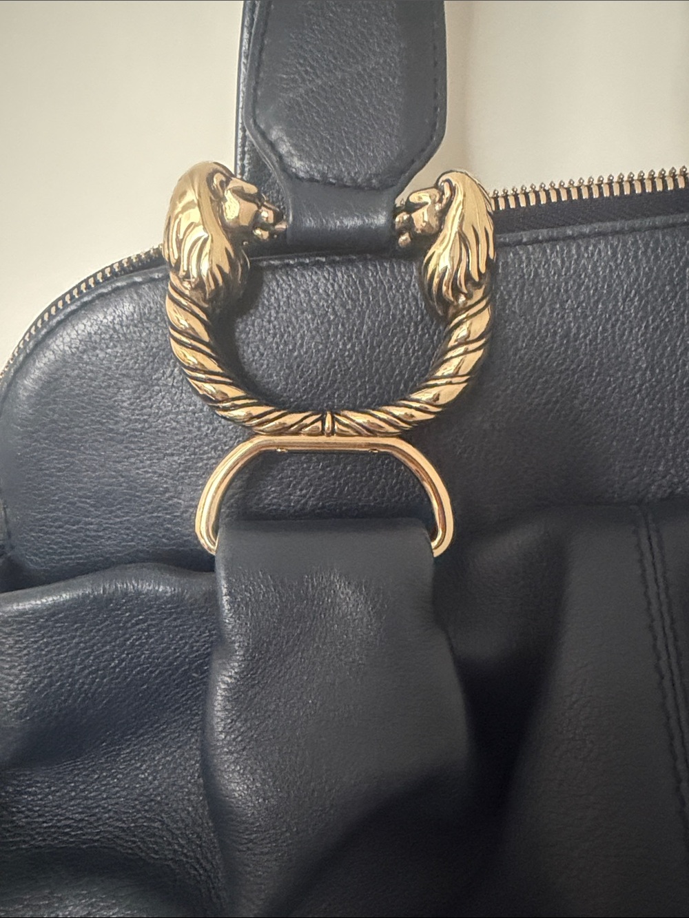 Bulgari Navy Leather Leoni Satchel with Gold Hardware